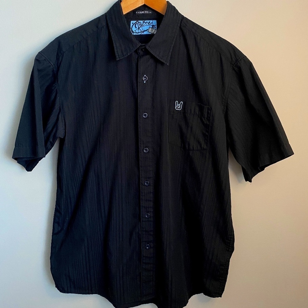 RipZone Men's Slim Fit Black Textured Short Sleeve Button Up Shirt Size Large